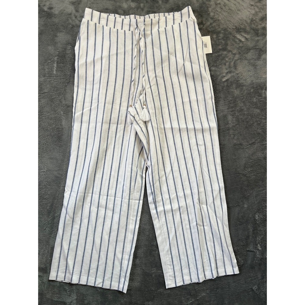 Ellen Tracy Pants Womens Large Cream Stripe Linen Blend Pull On Lounge NWOT